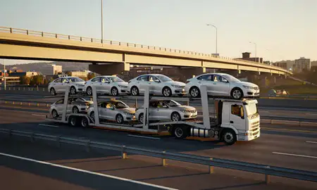 Car transporter with the Keene, New Hampshire, United States skyline behind it