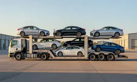 Car transporter parked in an industrial area of Klondike Corner, New Hampshire, United States