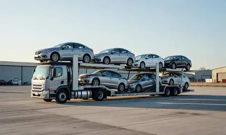 Car transporter loaded with vehicles in Klondike Corner, New Hampshire, United States