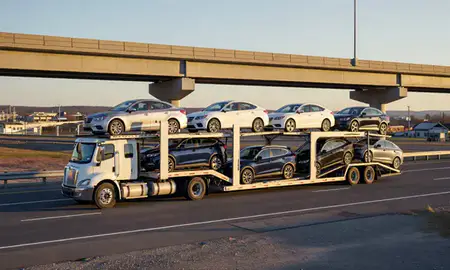 Car transporter with the Klondike Corner, New Hampshire, United States skyline behind it