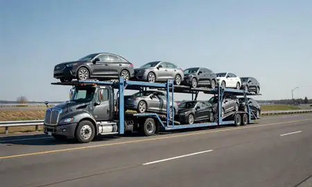 Multi-level car carrier on the highway to Laconia, New Hampshire, United States