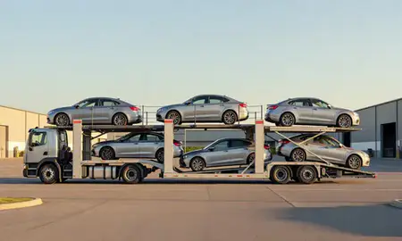 Car transporter parked in an industrial area of Laconia, New Hampshire, United States