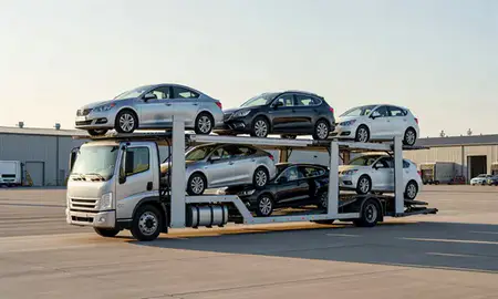 Car transporter loaded with vehicles in Laconia, New Hampshire, United States