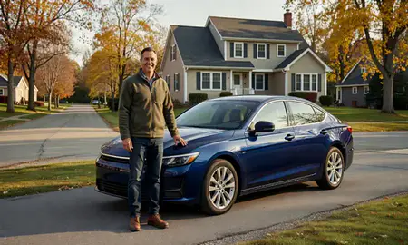 Customer with their delivered car in Lebanon, New Hampshire, United States