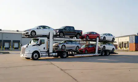 Car transporter loaded with vehicles in Lebanon, New Hampshire, United States