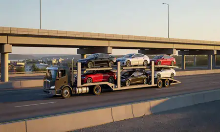 Car transporter with the Lebanon, New Hampshire, United States skyline behind it