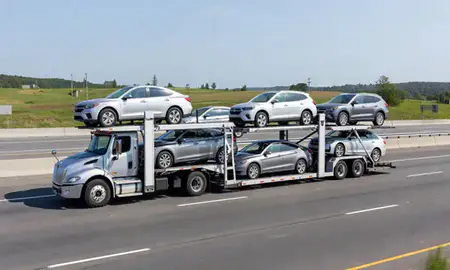 Multi-level car carrier on the highway to Manchester, New Hampshire, United States