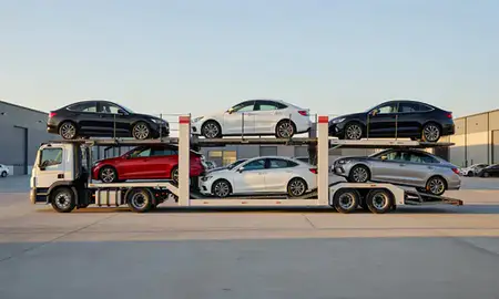 Car transporter parked in an industrial area of Manchester, New Hampshire, United States
