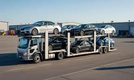 Car transporter loaded with vehicles in Manchester, New Hampshire, United States