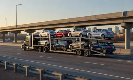 Car transporter with the Manchester, New Hampshire, United States skyline behind it