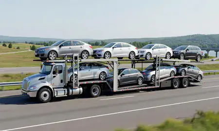 Multi-level car carrier on the highway to Mountain Lakes, New Hampshire, United States