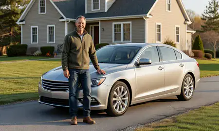 Customer with their delivered car in Mountain Lakes, New Hampshire, United States