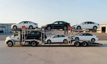 Car transporter parked in an industrial area of Mountain Lakes, New Hampshire, United States