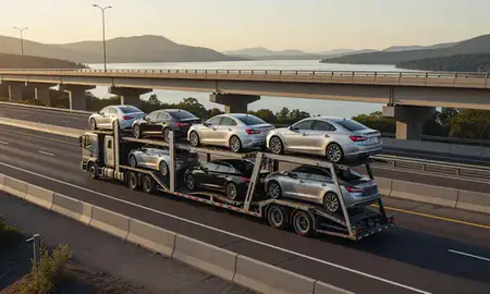 Car transporter with the Mountain Lakes, New Hampshire, United States skyline behind it