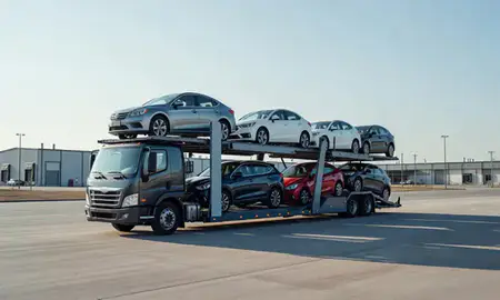Car transporter loaded with vehicles in Nashua, New Hampshire, United States