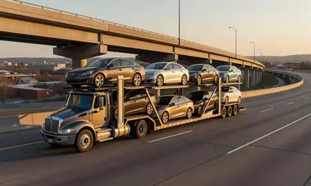 Car transporter with the Nashua, New Hampshire, United States skyline behind it
