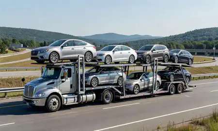 Multi-level car carrier on the highway to North Conway, New Hampshire, United States
