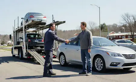Vehicle owner beside their delivered car in North Conway, New Hampshire, United States