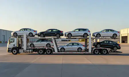 Car transporter parked in an industrial area of North Conway, New Hampshire, United States