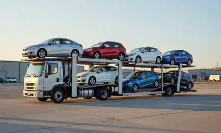 Car transporter loaded with vehicles in North Conway, New Hampshire, United States