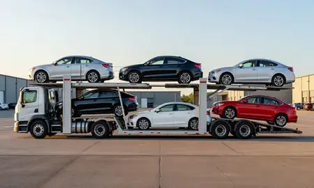 Car transporter parked in an industrial area of North Haverhill, New Hampshire, United States