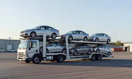 Car transporter loaded with vehicles in North Haverhill, New Hampshire, United States