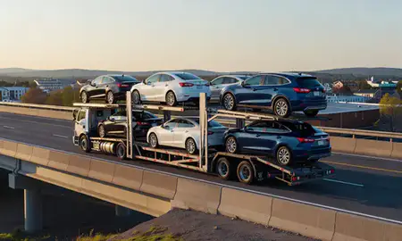 Car transporter with the North Haverhill, New Hampshire, United States skyline behind it