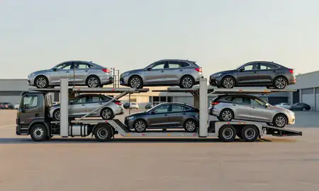Car transporter parked in an industrial area of Pinardville, New Hampshire, United States