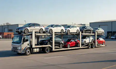 Car transporter loaded with vehicles in Pinardville, New Hampshire, United States
