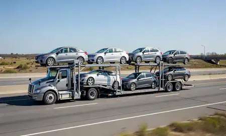 Multi-level car carrier on the highway to Portsmouth, New Hampshire, United States