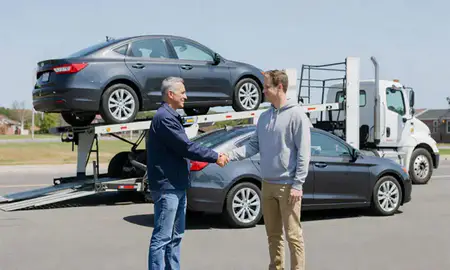 Vehicle owner beside their delivered car in Portsmouth, New Hampshire, United States