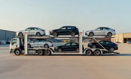Car transporter parked in an industrial area of Portsmouth, New Hampshire, United States