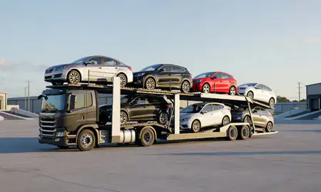 Car transporter loaded with vehicles in Portsmouth, New Hampshire, United States