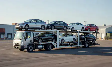 Car transporter loaded with vehicles in Rochester, New Hampshire, United States