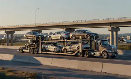 Car transporter with the Rochester, New Hampshire, United States skyline behind it