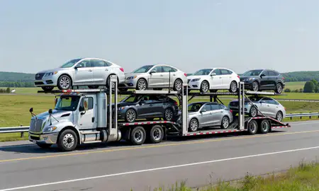 Multi-level car carrier on the highway to Sanbornville, New Hampshire, United States