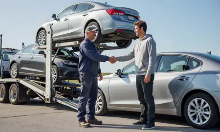 Vehicle owner beside their delivered car in Sanbornville, New Hampshire, United States