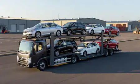Car transporter loaded with vehicles in Sanbornville, New Hampshire, United States