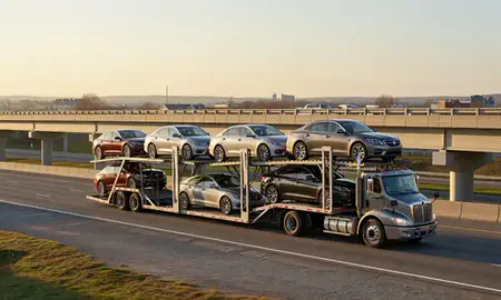 Car transporter with the Sanbornville, New Hampshire, United States skyline behind it