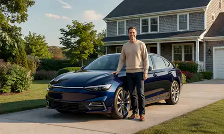 Customer with their delivered car in Seabrook Beach, New Hampshire, United States