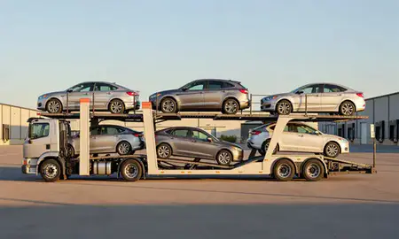 Car transporter parked in an industrial area of Seabrook Beach, New Hampshire, United States