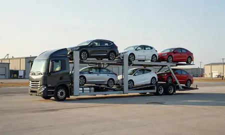 Car transporter loaded with vehicles in Seabrook Beach, New Hampshire, United States