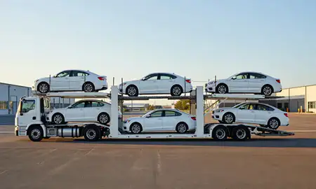 Car transporter parked in an industrial area of Somersworth, New Hampshire, United States