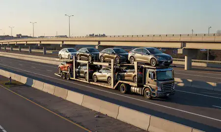 Car transporter with the Somersworth, New Hampshire, United States skyline behind it