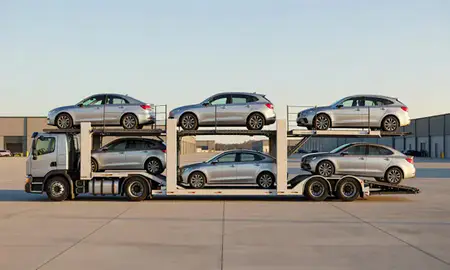 Car transporter parked in an industrial area of South Hooksett, New Hampshire, United States