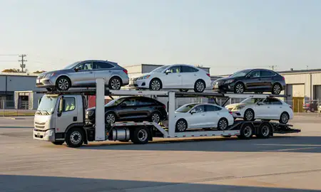 Car transporter loaded with vehicles in South Hooksett, New Hampshire, United States