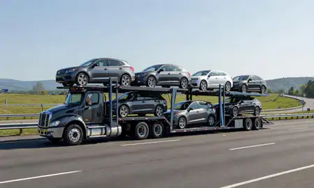Multi-level car carrier on the highway to Suncook, New Hampshire, United States