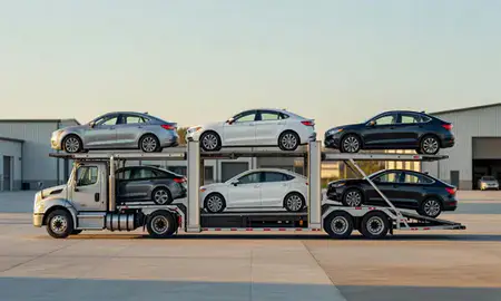 Car transporter parked in an industrial area of Suncook, New Hampshire, United States
