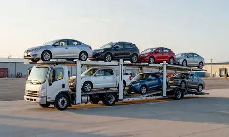 Car transporter loaded with vehicles in Suncook, New Hampshire, United States