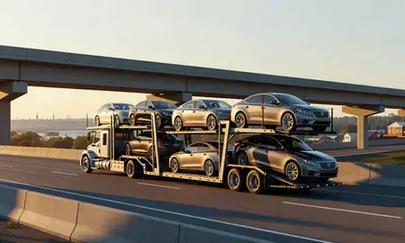 Car transporter with the Suncook, New Hampshire, United States skyline behind it